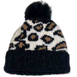 Pom Pom Black Leopard Hat One Size